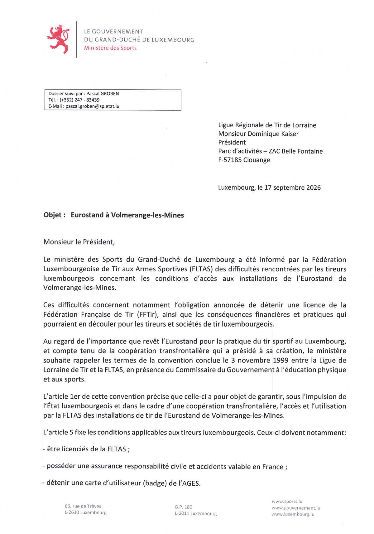 Lettre Ligue de Lorraine de Tir 1